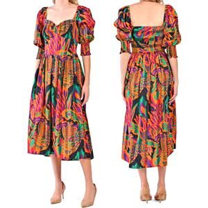 House of Harlow 1960 Meadow Print Puff Sleeve Smocked Midi Dress